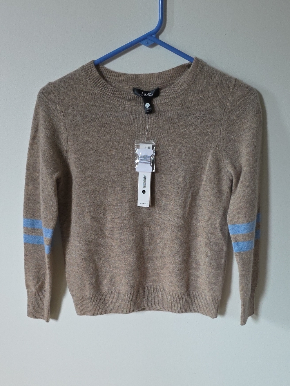 NWT AQUA Cashmere Crewneck Sweater with Light Blue Sleeve Stripes, 9/10Y